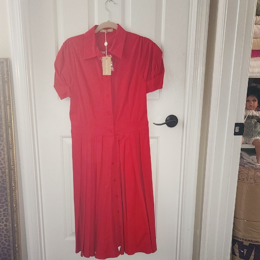 Michael Kors Collection NWT RED BUTTON UP PLEAT FLARE MIDI SIZE 12